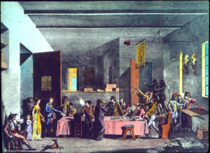 "A Revolutionary Committee during the Terror." An engraving of 1798 with a negative portrayal of policing functions during the Terror carried out by radicalized sans-culottes in Paris.