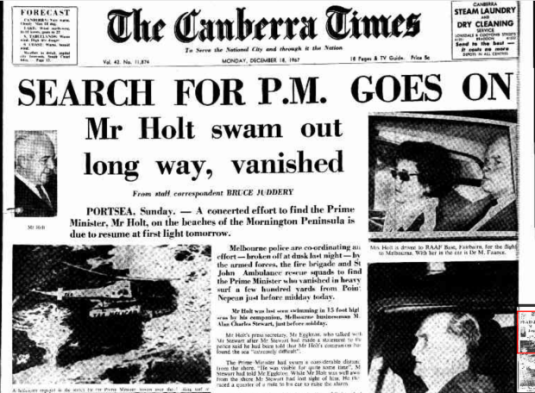 How the disappearance of Holt was reported in The Canberra Times.