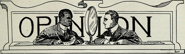 Line drawing of a black and white man looking at each other laid over the word 