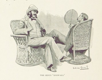 Drawing of two British colonials in wicker chairs with the label: 