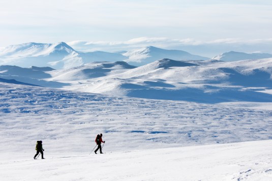 Two women doing cross country skiing, Ammarnas, Lapland, Sweden